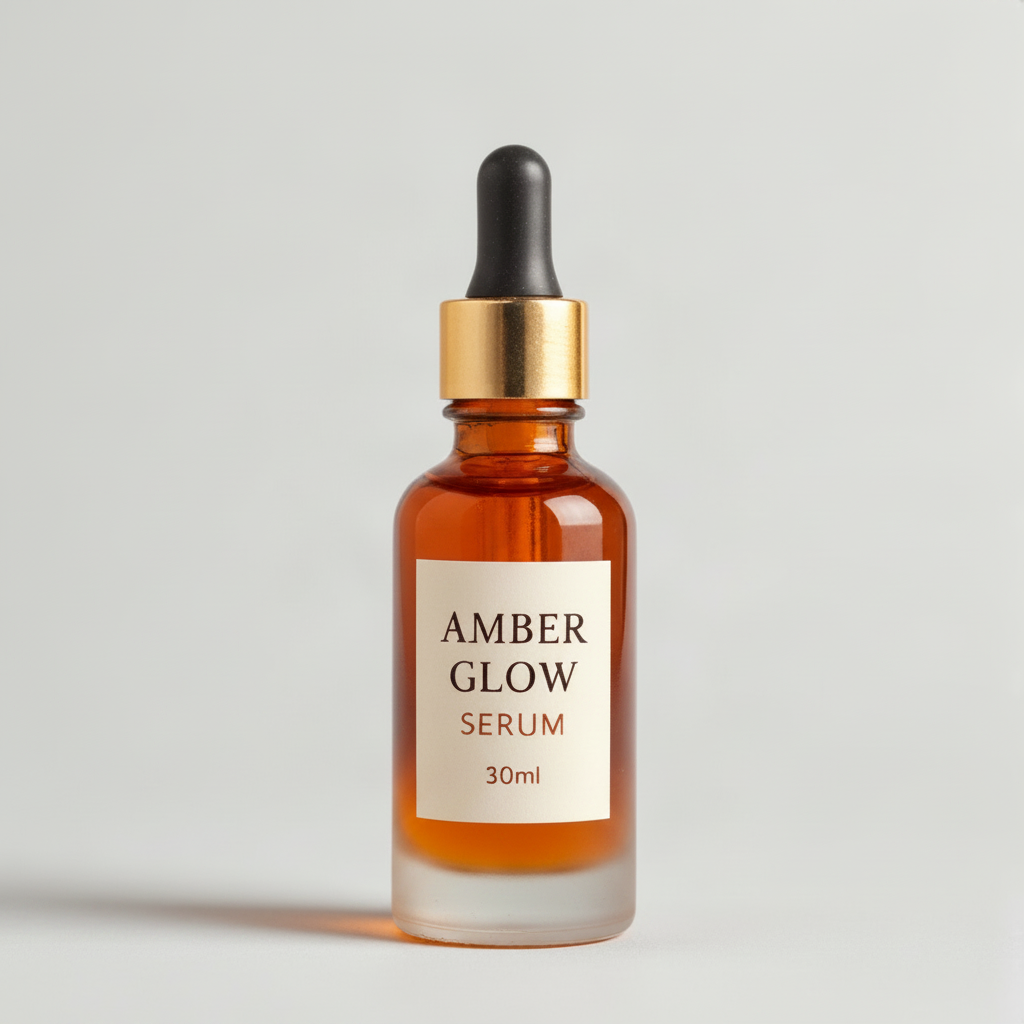 A plain white-background shot of an amber serum dropper bottle, before styling